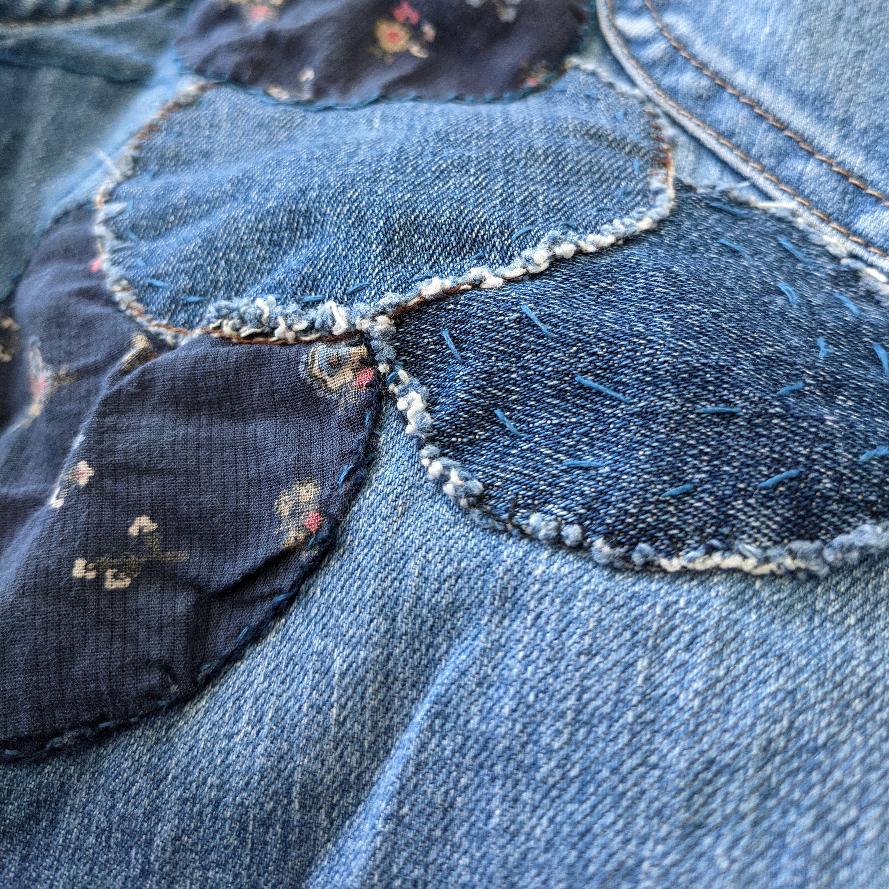 visible patches on a jeans lying flat